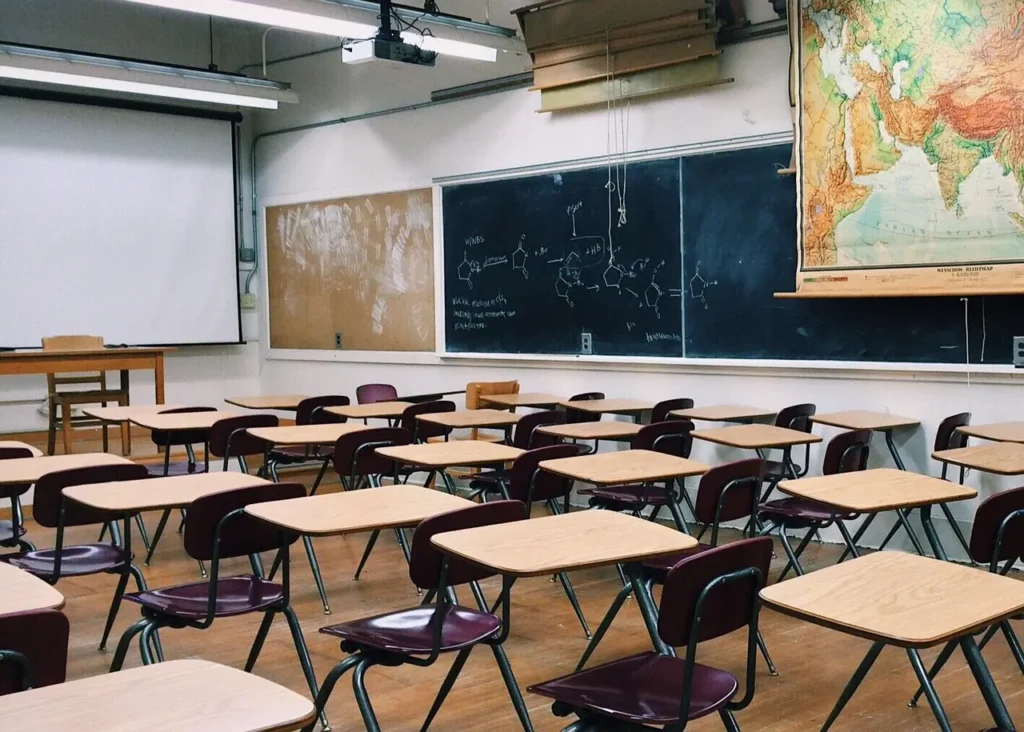 An empty classroom with rows of wooden desks and chairs, a chalkboard with diagrams, a pull-down map, and a projector screen at the front.