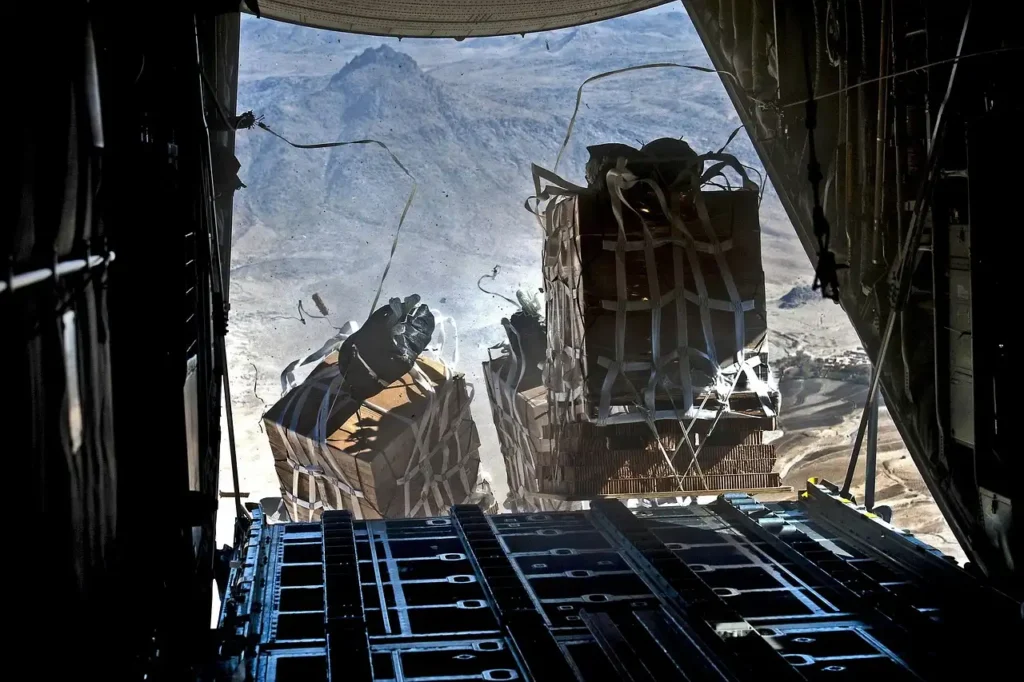 Interior view of a cargo plane's hold, showcasing the spacious area designed for transporting goods and equipment.