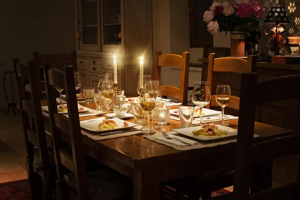 A wooden table set with a lit candle, casting a warm glow in a dimly lit room.