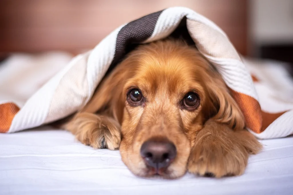 A dog rests comfortably on a bed, snuggled under a cozy blanket